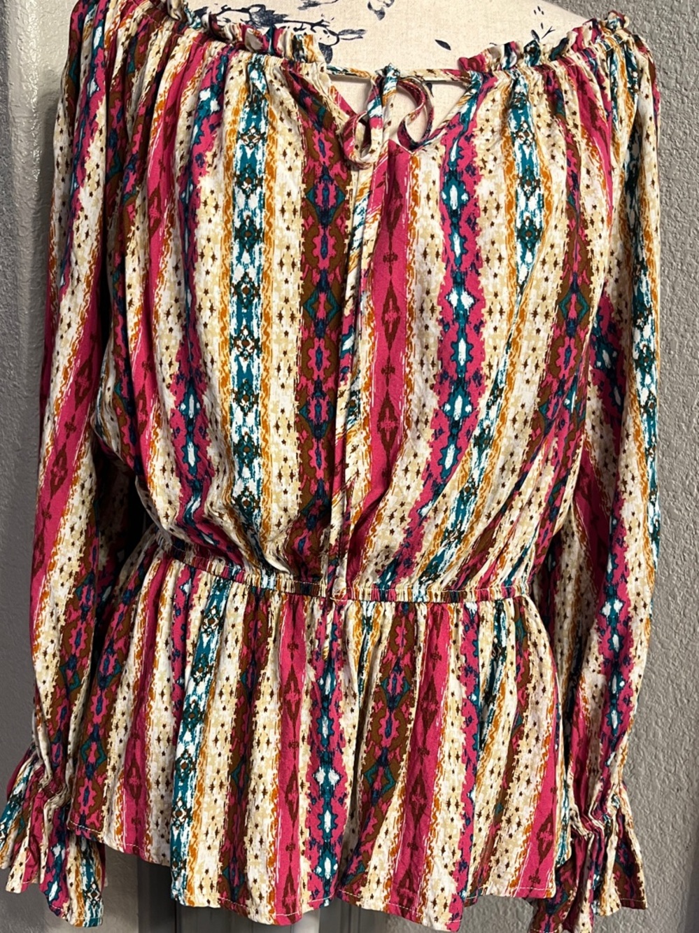 Savanna Jane Pink Teal Gold Striped Boho Peasant Tunic